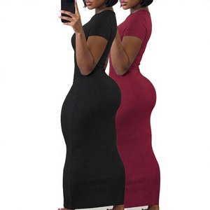 Nuevo Vestido Largo Sexy Ajustado de Cuello Redondo y Color Sólido para <span class=keywords><strong>Mujer</strong></span>, Estilo Europeo Americano, de Verano, Tejido de Poliéster Elástico - Product Image 2