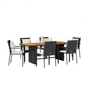 <b>Black</b> Poly Rattan Garden Dining Set 6 Seater Teak Top Steel <b>Frame</b> Contemporary Outdoor Furniture - Product Image 1