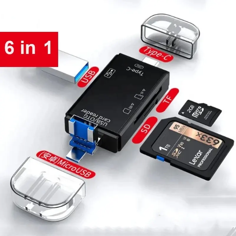 SD Card Reader USB C Card Reader 6 In 1 USB 2.0 TF/ SD Smart Memory Card Reader Type C OTG Flash Drive Cardreader Adapter