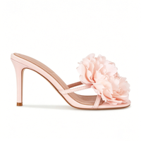 Mules à talons fleuris rose poudré pour femme, sandales d'été à bout ouvert et talon aiguille, faciles à enfiler, pour usage quotidien