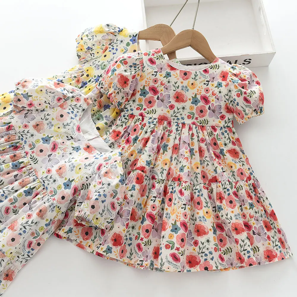 Vestido boutique infantil com estampa floral para meninas, manga bolha 100% algodão, primavera verão 2024