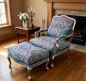 Luxury French Paisley Armchair & Ottoman Set, Upholstered Living Room Accent Chair with Silver <b>Frame</b> - Product Image 2