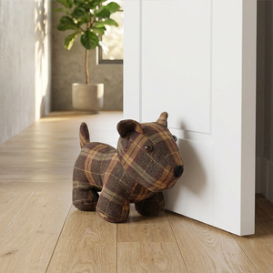 Tope de puerta decorativo con forma de animal 3D de cachorro, de tela a cuadros marrón, para montaje en suelo y protección - Product Image 1