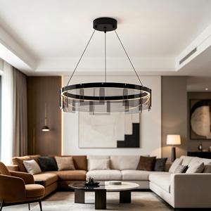 Lustre <span class=keywords><strong>LED</strong></span> suspendu moderne nordique simple, en verre fumé <span class=keywords><strong>noir</strong></span> et fer, pour <span class=keywords><strong>plafond</strong></span> haut, cuisine et salon - Product Image 1