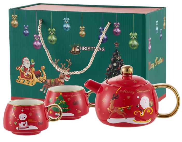 หม้อชาแดงหนึ่งใบ พร้อมถ้วยสองใบ ด้ามจับสีทอง