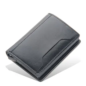 Porta carte di credito in alluminio con scatola di metallo di buon design porta carte di credito da viaggio in pelle pu Pop-Up con blocco RFID
