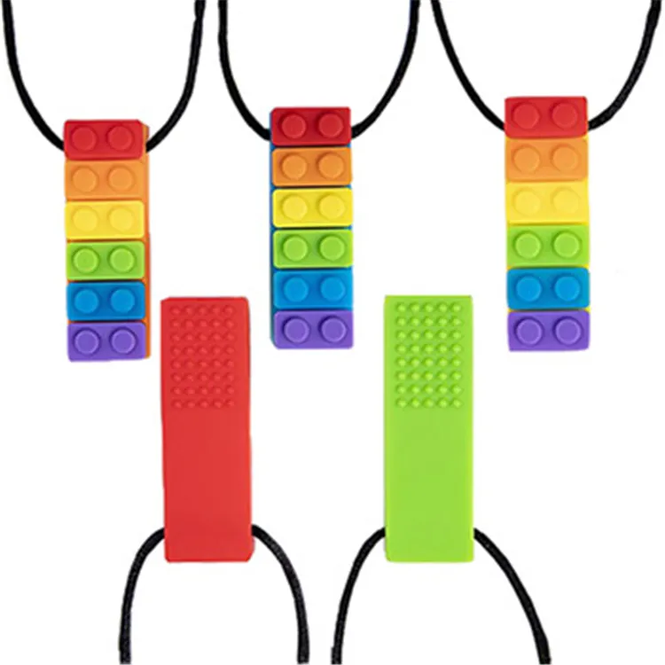 STOCK 7 Colors Rainbow Sensory Chewing Food Grade Silicone Toys Building Block Baby Teether Necklace