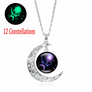 Nouveau collier personnalisé DIY avec les 12 signes du zodiaque, collier tendance avec pendentif en forme de croissant de lune en verre luminescent dans le noir pour femmes et hommes, cadeaux - Product Image 4