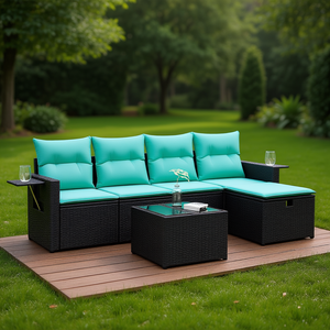 6 Piece Black Poly Rattan Patio <b>Sofa</b> Set With Cushions <b>Outdoor</b> Garden Furniture Contemporary Design Waterproof - Product Image 2