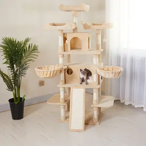 2024 מסגרת מטפסת חתולים עמידה מותאמת אישית עצי חתול ומגרד בית עץ מעץ לחתול מקורה עם 4 קומות