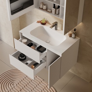 Antique Style Rock Slab Integrated Basin Bathroom Cabinet MDF Construction Water Resistant Easy Clean Wall-Mounted Vanity - Product Image 3