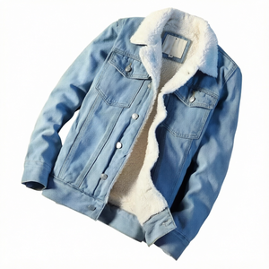 Veste en jean pour homme, doublée de fausse fourrure, col rabattu, épaisse, pour l'hiver, décontractée, coupe classique, simple boutonnage - Product Image 1