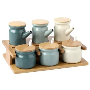 Home kitchen accessories seasoning pot salt sugar pepper spice box oil bottles ceramic storage seasoning box with bamboo cover