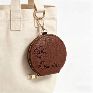 Personalized Leather Fashion Coin Purse Custom Engraved Name Flower Design Small Zippered <b>Wallet</b> <b>Keychain</b> Daily Use - Product Image 5