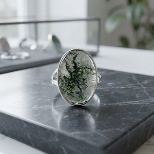 Jewelry Gifts Natural Green Moss Agate Engagement Wedding <b>Ring</b> <b>925</b> Sterling <b>Silver</b> Oval Cut Bezel Setting Trendy Gemstone <b>Ring</b> - Product Image 3