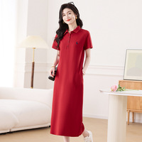 Nouvelle Robe Polo Longue en Coton Été 2026 à Manches Courtes, Broderie, Coupe Évasée, Longueur au-dessus du Genou, Ample et Amincissante, Décontractée pour Femme