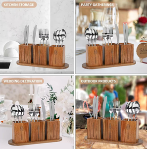 Organisateur de comptoir de cuisine en bois d'acacia, porte-<span class=keywords><strong>couverts</strong></span> à 3 compartiments avec plateau, ensemble de rangement pour ustensiles en bois - Product Image 6