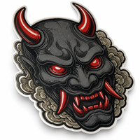 Autocollant personnalisé illustrant un masque Oni japonais, en vinyle noir mat UV en relief, yeux rouges brillants 3D, découpé, décalcomanie artistique