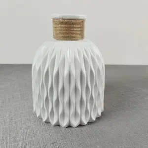 Wholesale European Style Simple Home Decoration Dried Flower Hemp Rope Creative White Plastic Cylinder Vases