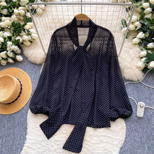 Blouses douces à manches longues et col à nœud pour femme, à <span class=keywords><strong>pois</strong></span>, collection automne, vente en gros - Product Image 1