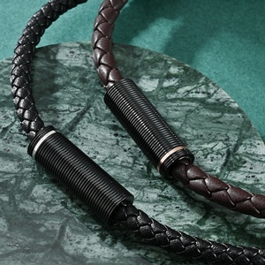 Moda klasik el yapımı örgülü gerçek deri bilezik yüksek cilalı paslanmaz çelik manyetik toka bilekliği - Product Image 3