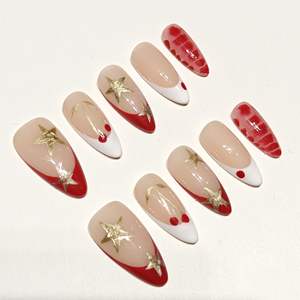 Muhaha Trend Design – Faux ongles à presser, <span class=keywords><strong>manucure</strong></span> française avec cerises rouges et étoiles dorées - Product Image 1