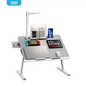 SAIJI Adjustable Laptop Stand for Bed Laptop Bed Tray Desk with LED Desk Lamp PVC Leather Foldable Laptop Table