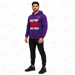 Sweat à capuche zippé violet pour homme, imprimé 'Now Or Never', en molleton décontracté, coupe classique, pour l'automne - Product Image 2