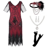 Robe de soirée pour femme, style vintage des années 1920, col en V, manches courtes, sequins, franges, coupe ajustée, longueur genou, polyester tissé, en stock