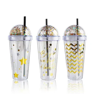 2023 Hot Sale BPA free Double Wall Acrylic Glitter Tumbler with straw and glitter and insert