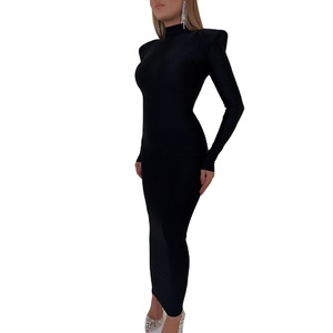 chinese dress ladies Black Tank Midi Turtleneck Dress
