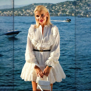Bettergirl estate da donna elegante alla moda abito con collo alto a sbuffo <span class=keywords><strong>nero</strong></span> <span class=keywords><strong>bianco</strong></span> con ritaglio abito corto con cintura - Product Image 1