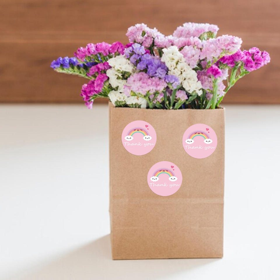 Custom Round 1 Inch 500Pcs pink Thank You Stickers Rainbow Design Self ...