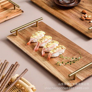 Rectangular Wooden <b>Tray</b> With Gold Handles For Sushi <b>Tea</b> Coffee Hotel Serving - Product Image 1