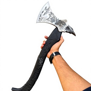 Hache à double lame Viking Ranger artisanale industrielle en acier, tête en acier Damas avec gravure complexe, manche en bois – Steel Craft International - Product Image 1