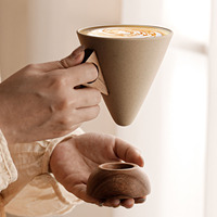 Tasse à café cappuccino personnalisée en grès de 250 ml avec soucoupe, en forme d'entonnoir, réutilisable, pour expresso, lait, thé, en céramique avec base en bois