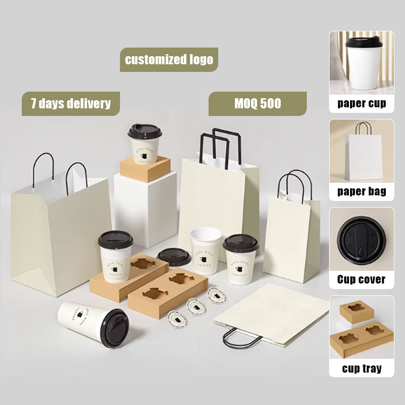 Custom Print Logo Eco Friendly Takeaway Disposable Kraft Cold Drink Hot to Go Tea Coffee Paper Cup Set with Bag and Tray Lid