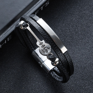 Set di Bracciali in Pelle Multistrato per Uomo - Charm <span class=keywords><strong>Chitarra</strong></span> con Note Musicali, <span class=keywords><strong>Corda</strong></span> Intrecciata e Barra Metallica, Gioielli Punk Regolabili - Product Image 3