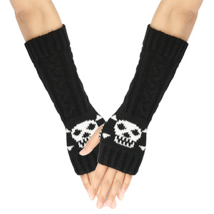 Mitaines en tricot à motif crâne gothique – Gants longs sans doigts avec capuche et masque facial détachables – Gants thermiques en acrylique à motif squelette pour Halloween - Product Image 5