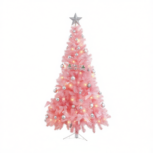 Sapin de Noël artificiel rose de 1,80 m pré-éclairé avec lumières LED chaudes et décorations, arbre d'intérieur sur pied - Product Image 1
