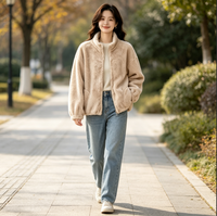 Blouson bomber en sherpa tissé uni pour femme - Fausse fourrure décontractée avec col montant