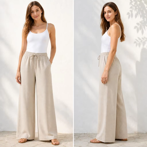 <span class=keywords><strong>Pantaloni</strong></span> Casual da Donna in <span class=keywords><strong>Lino</strong></span>/Cotone Intrecciato <span class=keywords><strong>Beige</strong></span>, Vestibilità Regolare, Vita Media, Fronte Piatto, con Coulisse, Traspiranti, Eco-Friendly, Estivi - Product Image 4
