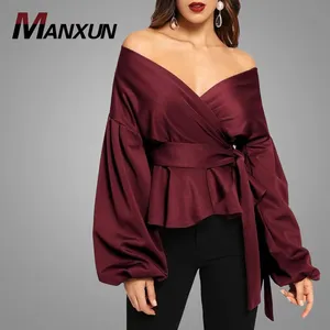 Stilvolle sexy Deep - V Solid Girls Blusen von der Schulter Laterne Ärmel Damen Tops Belted Wrap Langarm Damen bekleidung