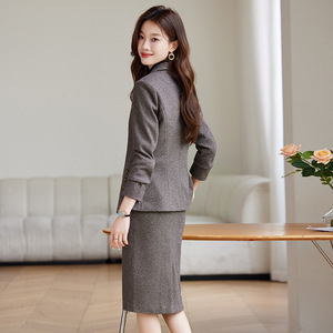 Women's Suit Set Dark Gray <b>Wool</b> Blend Full Sleeve Office Lady Anti-Wrinkle Business Leisure Commuting AJN-8219 - Product Image 2