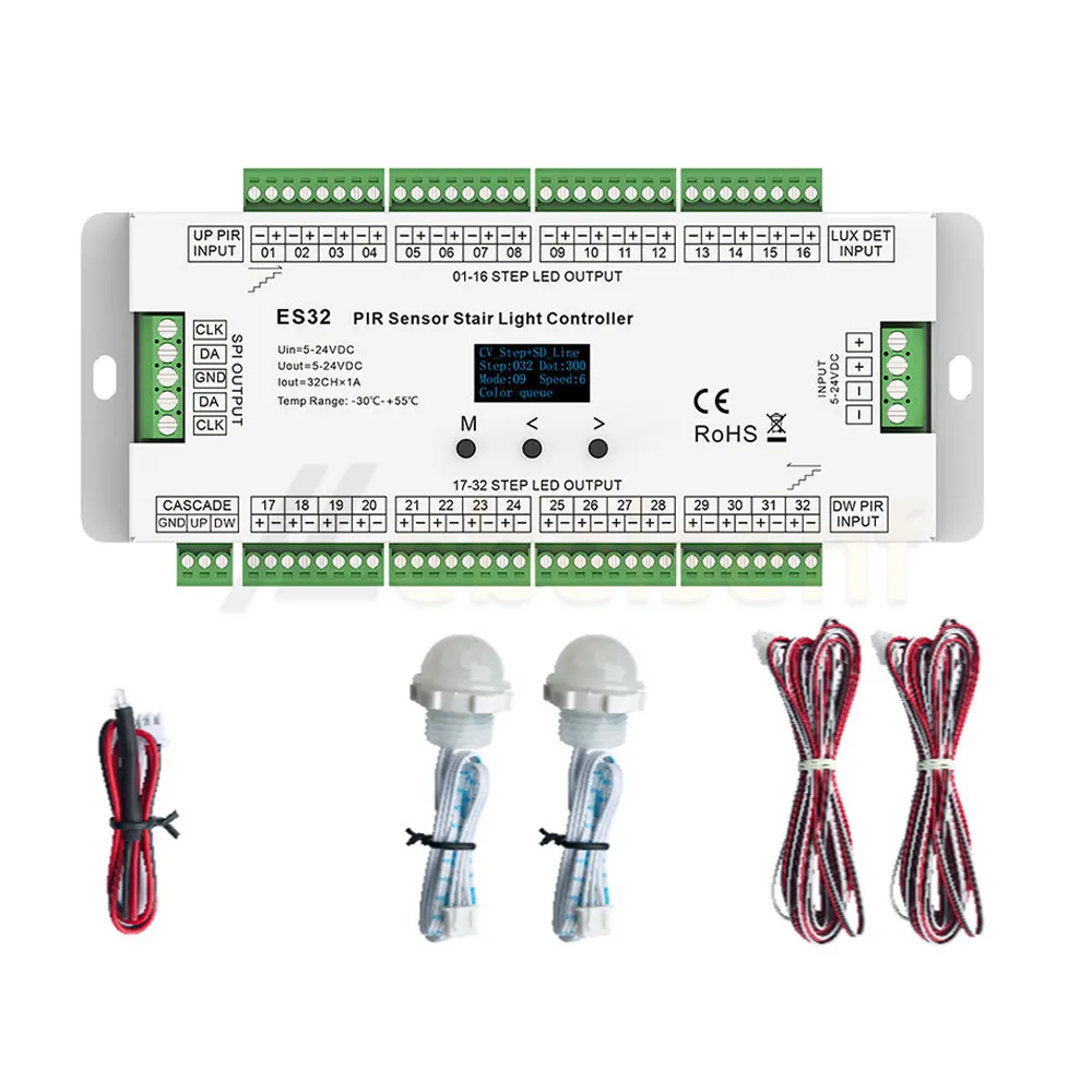 ES32 pengendali tangga Sensor PIR 32CH warna tunggal 2CH RGB Pixel SPI LED Strip Dimmer pengendali cahaya tangga dalam ruangan 5v-24v