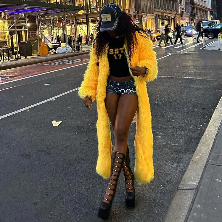 Autumn Winter New Fur Long Coats Women Y2k Streetwear Yellow
