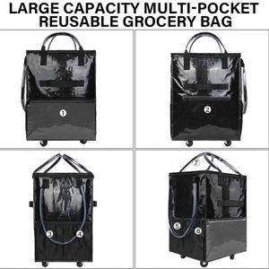 Double Decker Foldable Cart Portable Market Folding Trolley Collapsible Shopping Cart With <b>Storage</b> <b>Crate</b> Polyester Grocery Tote - Product Image 3