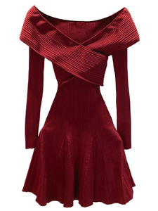 Nuovo Arrivo Primavera 2026: Abito Corto in Maglia <span class=keywords><strong>Bordeaux</strong></span> con Spalle Scoperte, <span class=keywords><strong>Maniche</strong></span> <span class=keywords><strong>Lunghe</strong></span> e Vestibilità Aderente per Uso Quotidiano - Product Image 5