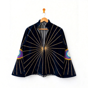 Bohemian Navy <b>Velvet</b> Embroidered Suzani <b>Jacket</b> with Eye Pattern Full Sleeve Stand Collar Handmade Winter Outerwear - Product Image 1