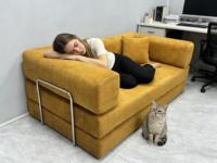 Sofá Modular de Felpa Amarillo Mostaza, Estructura Metálica Plateada, Moderno, para Villa, Escuela, Oficina, Espacio Pequeño